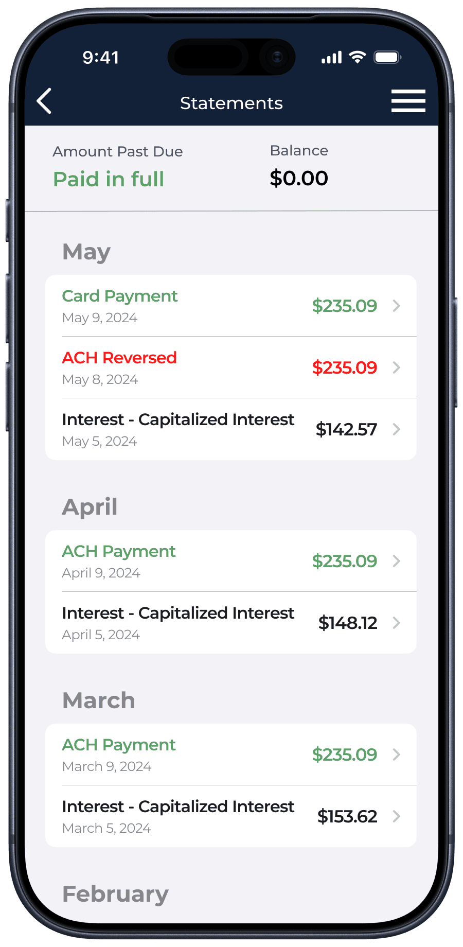 Together Loans app statements screen showing payment history and balances
