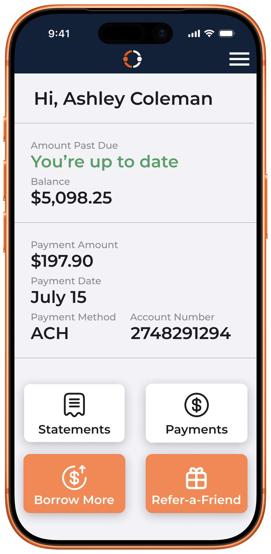 Together Loans app showing your loan dashboard with balance, next payment, and quick actions